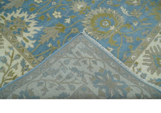 Traditional Persian Oushak Hand knotted Blue, Ivory and Olive 8x10 wool Area Rug
