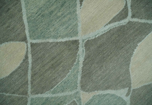 Contemporary Geometrical Pattern Hand knotted Charcoal, Green, Ivory and Blue 5x8 ft Bedroom, Living Room Rug Wool Area Rug