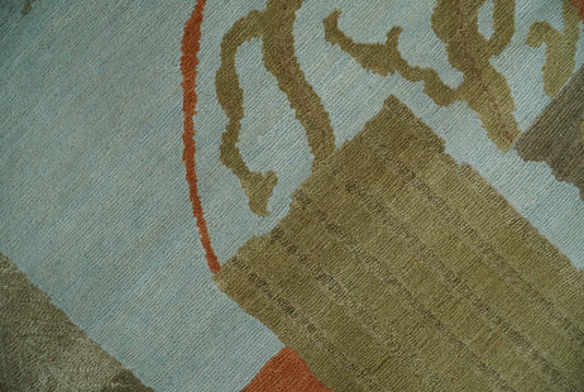 Traditional Leaf Block Print Handloom Green, Aqua and Olive 5x8 ft Bedroom, Living Room Rug , Wool Area Rug AAOC858