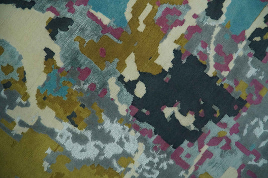 Colorful Abstract Gray, Olive, Ivory and Pink Hand Knotted 10x14 and 12x15 ft Bedroom, Living Room Rug Wool Area Rug