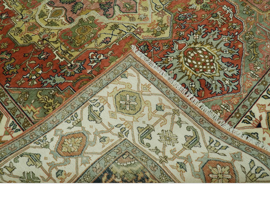 Hand Knotted Traditional Herati Green, Peach, Black, Ivory And Rust Wool Rug 8x10 ft Ideal for Living, Bedroom And Dining Rooms | CP2448810