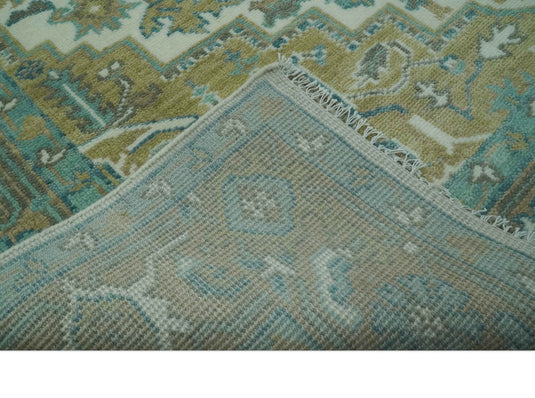 Custom Made Traditional Heriz Beige, Blue And Ivory Hand Knotted Wool Rug Wool Area Rug