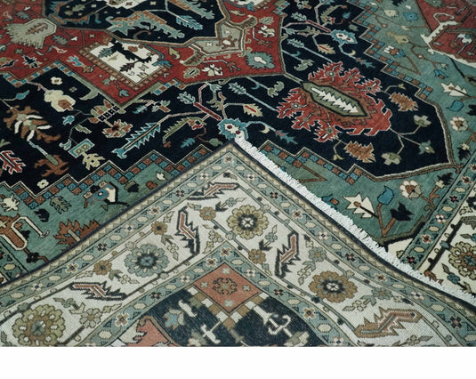 Brown, Black, Ivory and Blue Hand knotted 9x12 Traditional Heriz wool area Rug