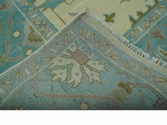 Custom Made Traditional Oushak Ivory, Aqua, And Gray Hand Knotted Wool Area Rug