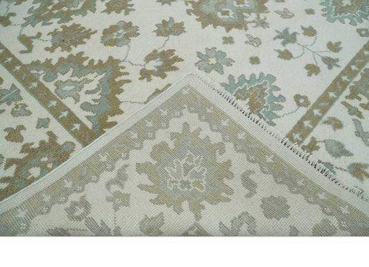 Traditional Persian Oushak Hand knotted Ivory, Beige and Aqua 8x10 wool Area Rug