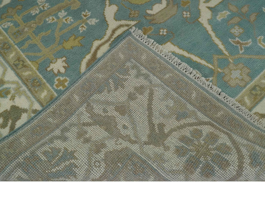 Custom Made Hand Knotted Classic Oushak Teal, Beige And Ivory Wool Area Rug