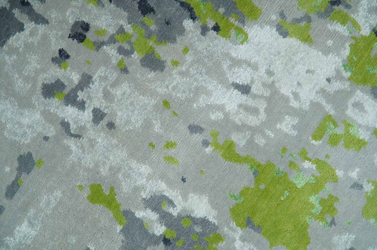 Modern Abstract Green, Ivory, Gray And Charcoal Hand Knotted 8x10 ft Bedroom, Living Room Rug Wool Area Rug