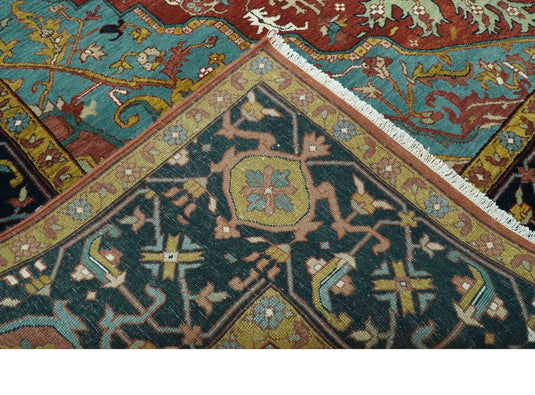 Hand Knotted Traditional Central Medallion Red, Aqua, brown, Black And Olive Wool Rug 9x12 ft Ideal for Living, Bedroom And Dining Rooms | CP986912