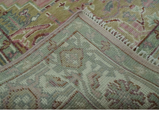 Custom Made Traditional Heriz Pink, Olive And Ivory Hand Knotted Wool Area Rug