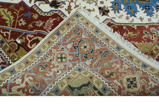 Hand Knotted Traditional Heriz Rust, Ivory, Blue, Green And Beige Wool Rug 9x12 ft Ideal for Living, Bedroom And Dining Rooms | CP2436912
