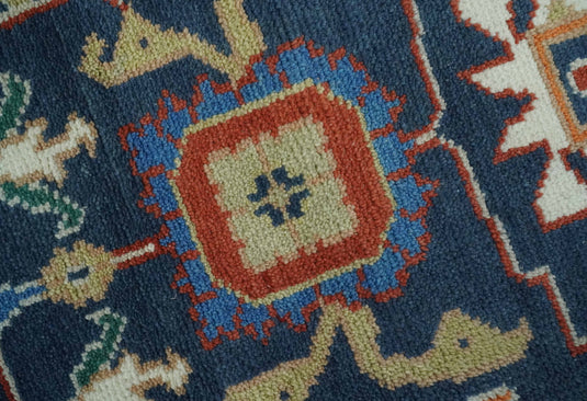 Traditional Pattern Blue, Rust and Ivory Hand Knotted 8x10 ft wool Area Rug