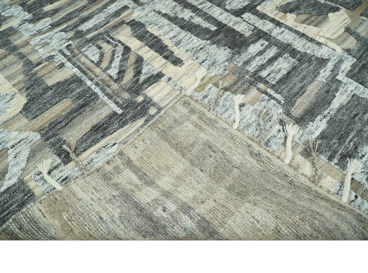 Modern Abstract Brown, Ivory, Beige and Charcoal Hand Knotted 5x8 ft Bedroom, Living Room Rug Wool Area Rug