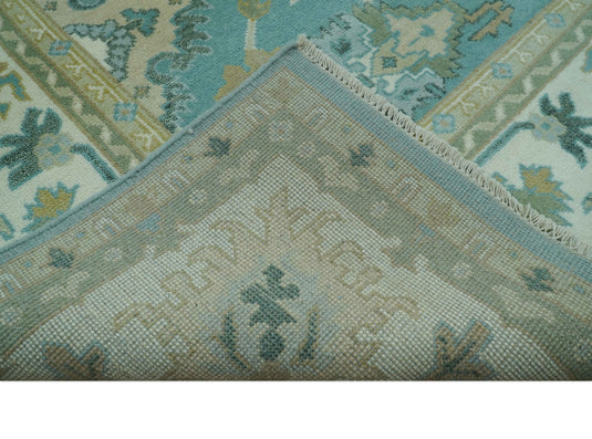 Custom Made Aqua, Beige, Gray And Ivory Traditional Oushak Hand Knotted Wool Area Rug
