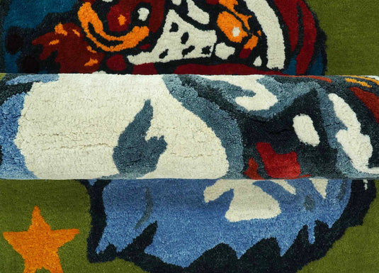 Green, Blue, Red And White Santa Claus Hand Tufted 2x3 ft Bedroom, Kids Room Rug Wool Area Rug