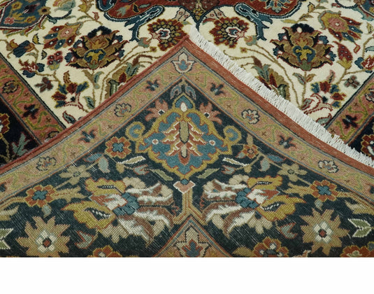 Ivory, Maroon And Black Traditional Serapi Hand Knotted Wool Rug 9x12 ft Ideal for Living, Bedroom And Dining Rooms | CP1829912