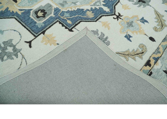 Central Medallion Ivory, Blue And Gray Hand Tufted Wool Area Rug- (FC)