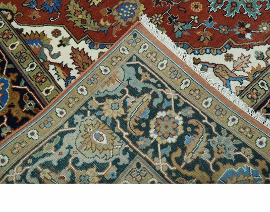 Hand Knotted Traditional Antique Herati Rust, Black, Teal And Olive Wool Rug 8x10 ft Ideal for Living, Bedroom And Dining Rooms | CP2454810