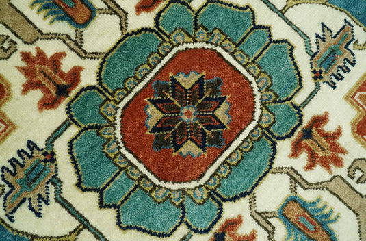 Hand Knotted Traditional Herati Maroon, Cream, Teal And Beige Wool Rug 9X12 ft Ideal for Living, Bedroom And Dining Rooms | CP2447912