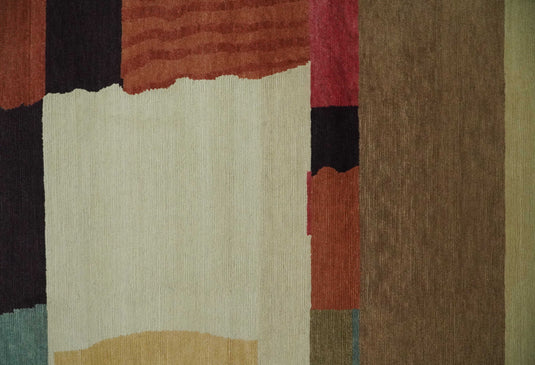 Modern Geometrical Pattern Hand Knotted Brown and Charcoal 5x6 ft Bedroom, Living Room Rug Wool Area Rug