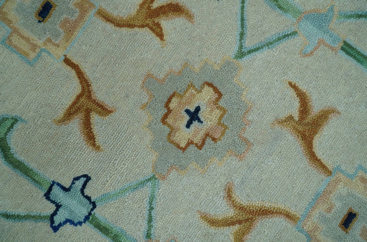 Custom Made Ivory, Green And Blue Floral Motifs Hand Tufted Wool Area Rug
