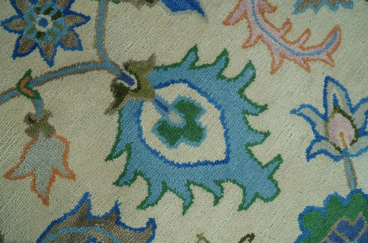 Beige And Blue Traditional Floral Motifs Hand Tufted 8x10 ft Bedroom, Living Room Rug Wool Area Rug