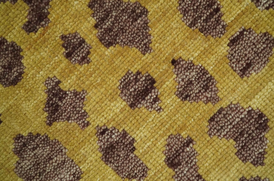 Custom Made Hand Knotted Leopard Design Mustard And Brown Wool Area Rug