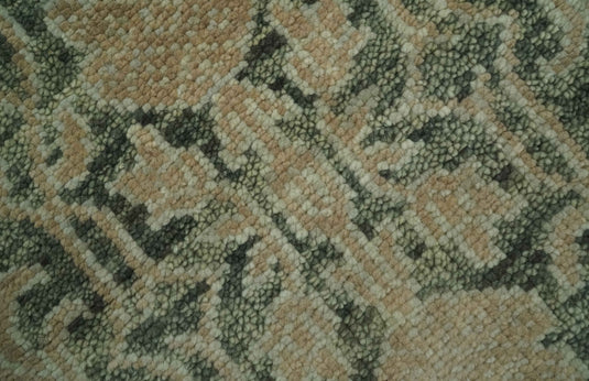 Custom Made Antique Traditional Hand Knotted Green, Brown And Beige Wool Area Rug