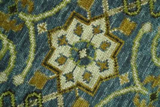 Custom Made Traditional Motifs Blue And Olive Hand Knotted Wool Area Rug