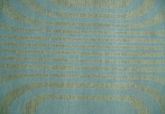 Modern geometrical Hand Knotted Olive and Blue 5x8 ft Bedroom, Living Room Rug Wool Area Rug