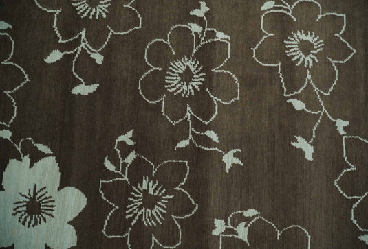 Floral Handloom Brown and Ivory 5.9x7.8 ft Bedroom, Living Room Rug Wool Area Rug
