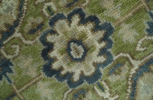 Custom Made Traditional Hand Knotted Green, Silver And Charcoal Wool Area Rug