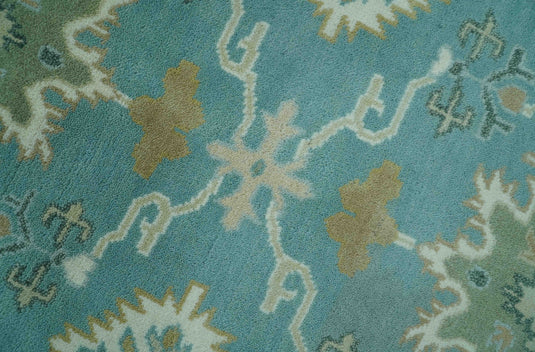 Custom Made Aqua, Beige, Gray And Ivory Traditional Oushak Hand Knotted Wool Area Rug