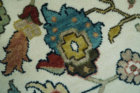 Antique Ivory, Brown, Olive And Blue Traditional Floral Hand Knotted Wool Rug 9x12 ft Ideal for Living, Bedroom And Dining Rooms | CP1788912