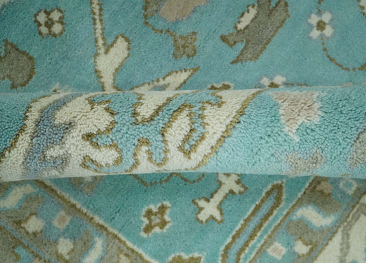 8x10 Aqua, Ivory and Charcoal Hand Knotted Oriental Oushak Wool Area Rug