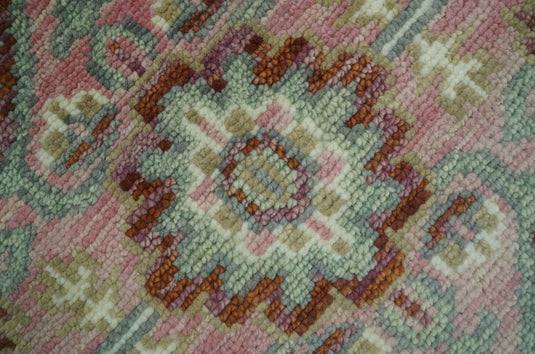 Custom Made Traditional Heriz Pink, Olive And Ivory Hand Knotted Wool Area Rug