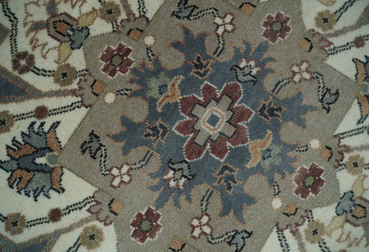 Vintage look Ivory, Charcoal and Olive Hand knotted Traditional 9x12 Heriz Serapi wool Area Rug
