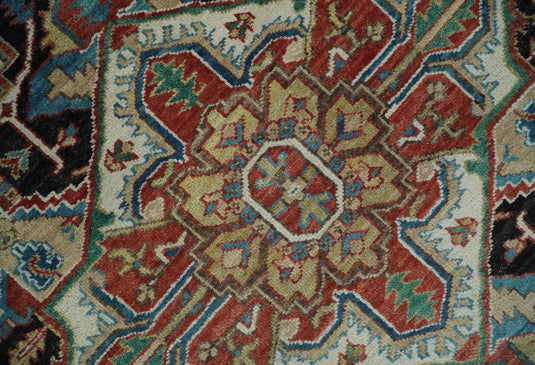 Vintage look Rust, Ivory and Black Hand knotted 8x10 Traditional Heriz wool Area Rug