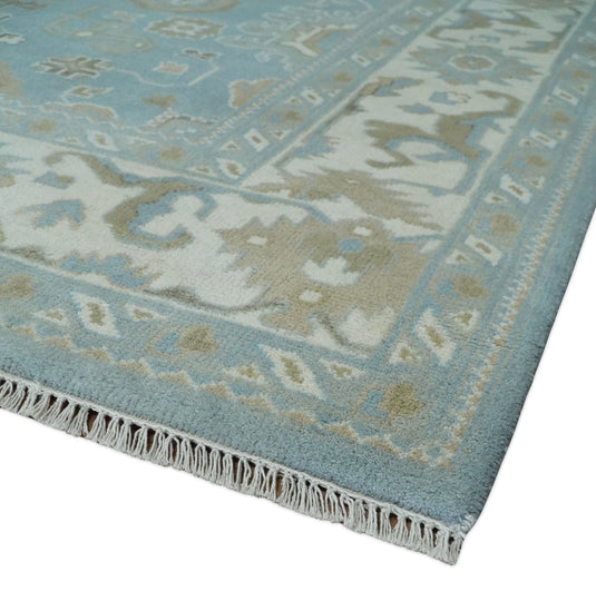 Traditional Persian Oushak Hand knotted Aqua, Ivory and Olive 8x10 wool Area Rug