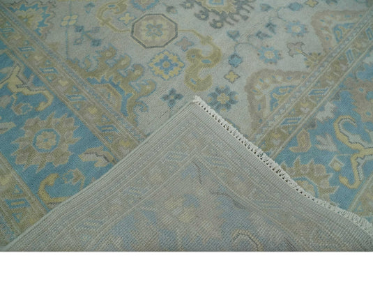 Traditional Persian Floral Oushak Hand knotted Ivory, Blue and Beige 8x10 wool Area Rug