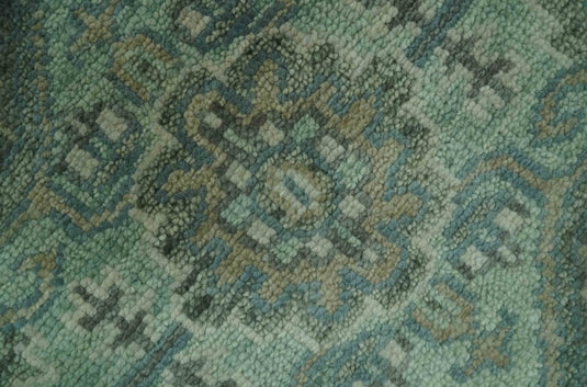 Custom Made Traditional Heriz Green, Silver And Taupe Antique Style Hand Knotted Wool Area Rug