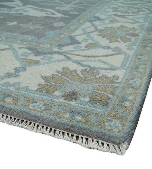 Traditional Persian Oriental Oushak Hand knotted Charcoal, Ivory and aqua 8x10 wool Area Rug