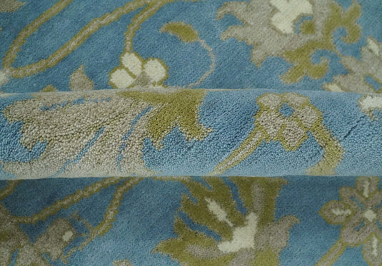 Traditional Persian Oushak Hand knotted Blue, Ivory and Olive 8x10 wool Area Rug