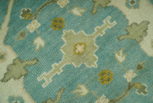Custom Made Hand Knotted Oriental Oushak Aqua, Olive And Ivory Wool Area Rug
