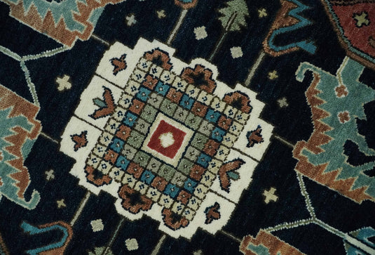 Brown, Black, Ivory and Blue Hand knotted 9x12 Traditional Heriz wool area Rug