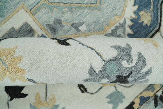 Central Medallion Ivory, Blue And Gray Hand Tufted Wool Area Rug- (FC)