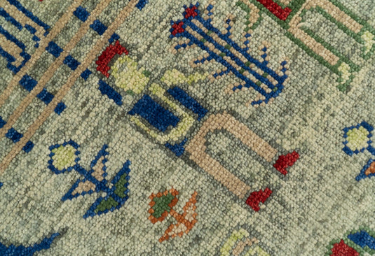 Custom Made Folk Art Green, Beige, Blue And Rust Hand Knotted Wool Area Rug