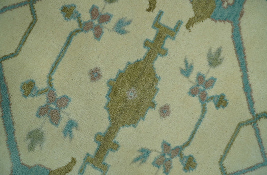 Custom Made Traditional Oushak Ivory, Aqua, And Gray Hand Knotted Wool Area Rug