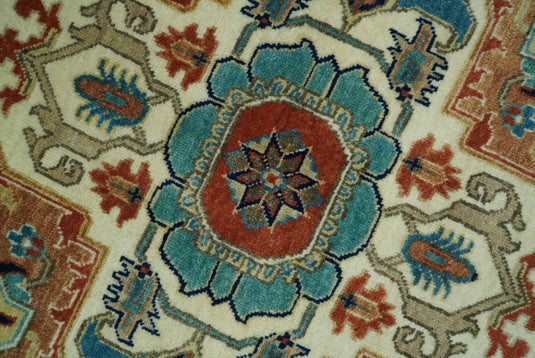 Hand Knotted Rust, Ivory And Teal Traditional Heriz Wool Rug 8x10 ft Ideal for Living, Bedroom And Dining Rooms