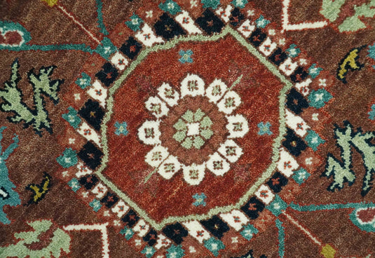Hand Knotted Traditional Central Medallion Red, Aqua, brown, Black And Olive Wool Rug 9x12 ft Ideal for Living, Bedroom And Dining Rooms | CP986912