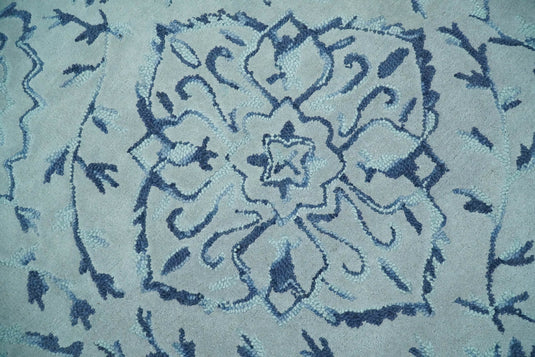 Hand Tufted Damask Pattern Blue And Gray Wool Rug 5x8 ft Ideal for Living, Bedroom And Dining Rooms